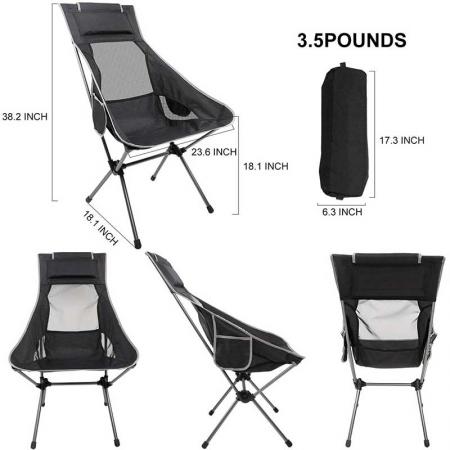 silla de camping ultraligera con respaldo alto, sillas plegables ligeras con reposacabezas, portátil compacta para campamento al aire libre, senderismo, picnic 