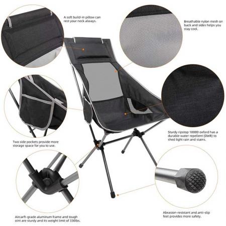 silla de camping ultraligera con respaldo alto, sillas plegables ligeras con reposacabezas, portátil compacta para campamento al aire libre, senderismo, picnic 