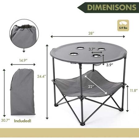 Mesa plegable para campamento, mesa plegable portátil de alta resistencia, estuche de transporte redondo para 4 tazas, marco de acero de alta calidad 600D 