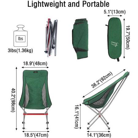 Silla de playa de aluminio, plegable, para acampar, con respaldo alto, ligera, con bolsa de transporte para senderismo al aire libre, mochilero 
