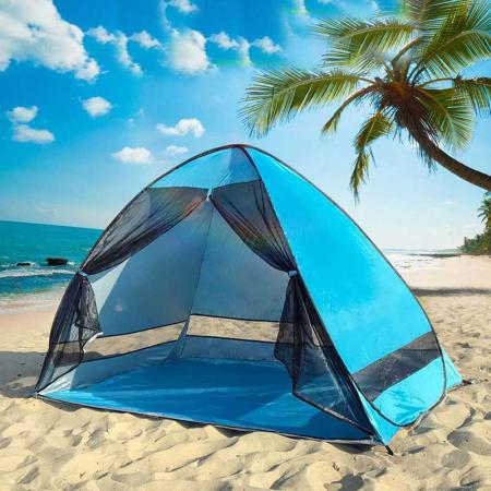 Carpa de playa de fácil instalación, refugio de sombra de playa anti-uv, carpa de playa con dosel, parasol con 3 ventanas de malla para 2-3 personas 