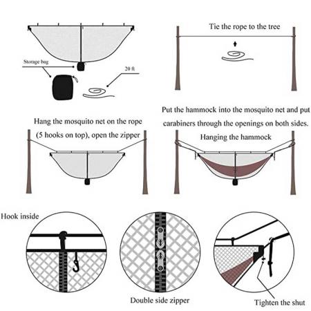 Hamaca mosquitera con sistema para colgar mantiene fuera la cremallera de mosquitos para facilitar la entrada y salida
 