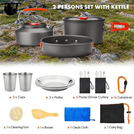 Juego de utensilios de cocina portátiles para picnic y acampada para 2-3 personas, combinación de vajilla 