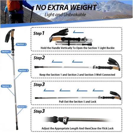 Bastones de trekking de aluminio de aviación 7075 de 5 secciones, personalizados, con correa plegable y mango de corcho, opción OEM. 
