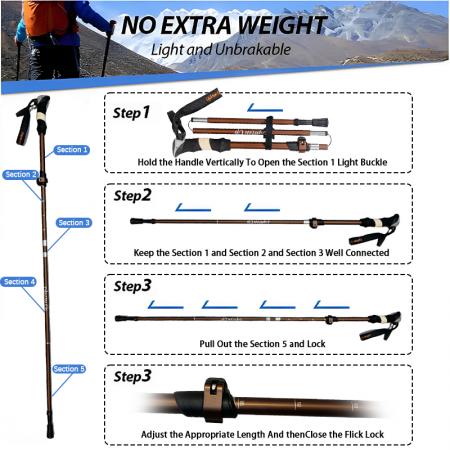 Bastón de trekking ultraligero de aleación de aluminio 6061, plegable, de 5 secciones, moderno y ajustable, con mango de EVA. 