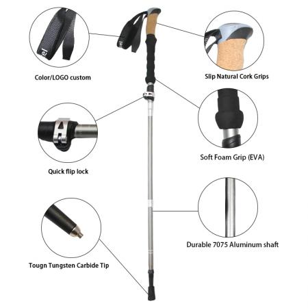 Bastones de trekking de aluminio de aviación 7075 de 5 secciones, personalizados, con correa plegable y mango de corcho, opción OEM. 