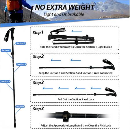 Bastón de trekking ultraligero de aleación de aluminio 6061, 5 secciones, plegable, con mango de EVA, moderno y ajustable para exteriores. 