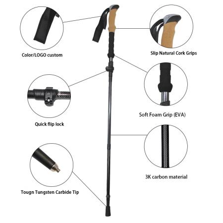 Bastón plegable de aleación de aluminio con empuñaduras de corcho, ajustable, para escalada y senderismo con punta de goma. 