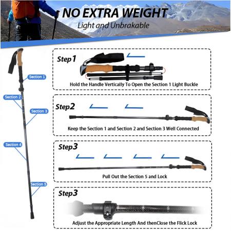 Bastón plegable de aleación de aluminio con empuñaduras de corcho, ajustable, para escalada y senderismo con punta de goma. 
