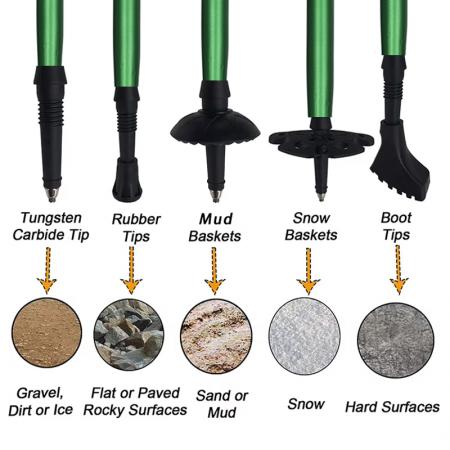 Bastones de escalada telescópicos plegables de aleación de aluminio ajustables de EVA de 5 secciones con punta de acero de tungsteno para montañismo y senderismo 