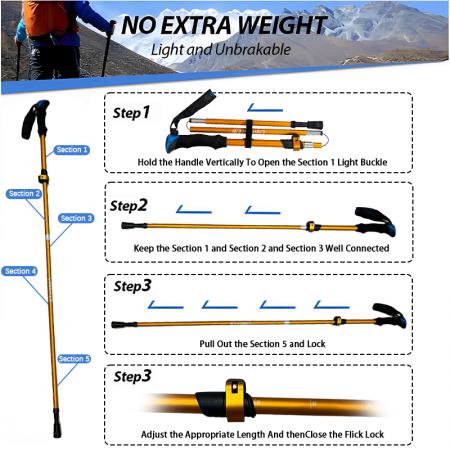 1 par de bastones de trekking de aluminio plegables, extensibles y nórdicos de 5 secciones 