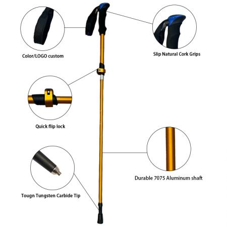 1 par de bastones de trekking de aluminio plegables, extensibles y nórdicos de 5 secciones 
