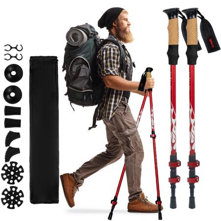 Bastones de trekking ligeros de aluminio de grado aeronáutico con empuñaduras extendidas y accesorios en la punta para actividades al aire libre. 