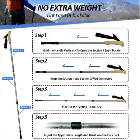 Bastón de trekking telescópico de aluminio para exteriores, de corcho sintético, nórdico, antichoque. 