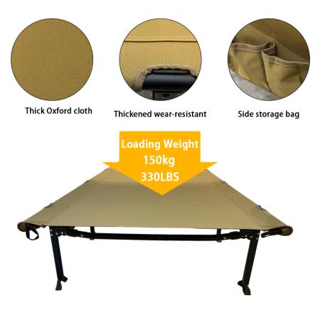 Cama plegable de camping personalizada, catres portátiles de aluminio para adultos con bolsillos laterales. 