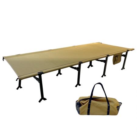 Cama plegable de camping personalizada, catres portátiles de aluminio para adultos con bolsillos laterales. 