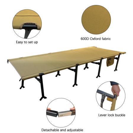 Cama plegable de camping personalizada, catres portátiles de aluminio para adultos con bolsillos laterales. 