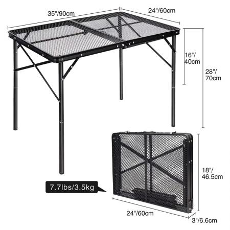 Mesa plegable portátil Grid con patas ajustables en altura para barbacoas y camping al aire libre.