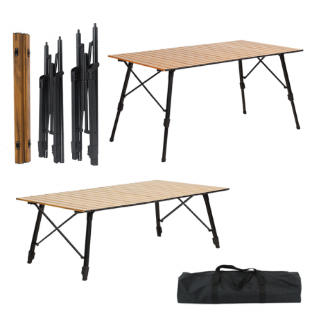 Mesa plegable portátil de aluminio ajustable en altura, ideal para acampar al aire libre. 