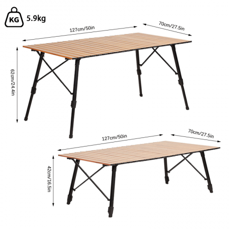 Mesa plegable portátil de aluminio ajustable en altura, ideal para acampar al aire libre. 