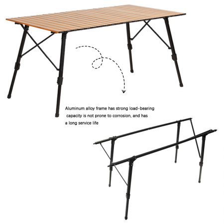 Mesa plegable portátil de aluminio ajustable en altura, ideal para acampar al aire libre. 