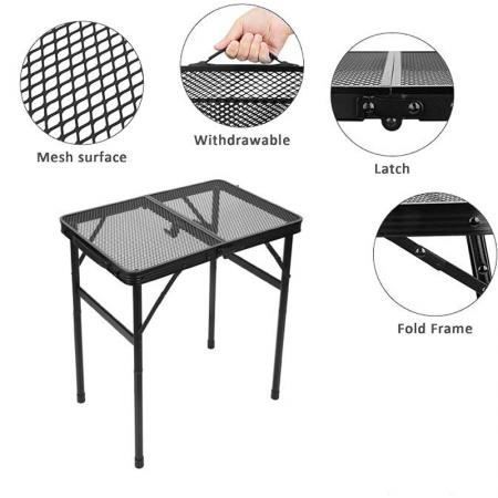 Mesa plegable portátil Grid con patas ajustables en altura para barbacoas y camping al aire libre.