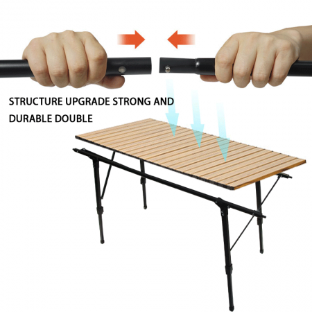 Mesa plegable portátil de aluminio ajustable en altura, ideal para acampar al aire libre. 