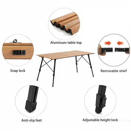 Mesa plegable portátil de aluminio ajustable en altura, ideal para acampar al aire libre. 