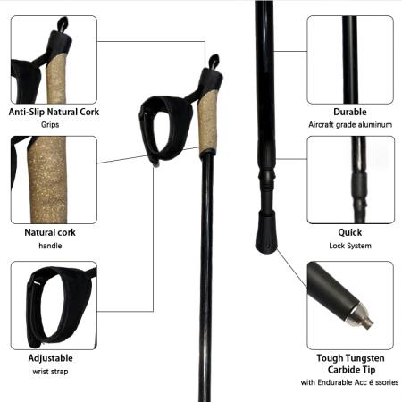 Bastón de trekking plegable de aleación de aluminio con mango de corcho cómodo para senderismo y actividades al aire libre. 