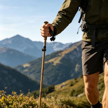 Bastones de senderismo y trekking ultraligeros plegables de fibra de carbono y aleación de aluminio con acabado de bambú para exteriores 
