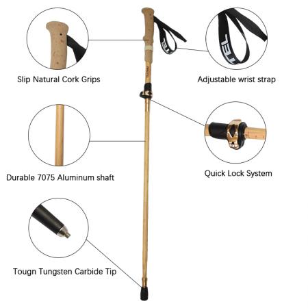 Bastones de senderismo y trekking ultraligeros plegables de fibra de carbono y aleación de aluminio con acabado de bambú para exteriores 