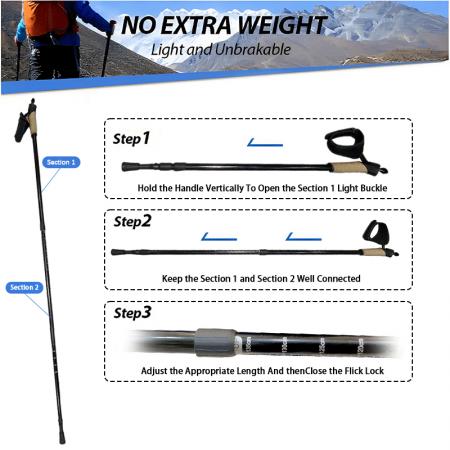 Bastón de trekking plegable de aleación de aluminio con mango de corcho cómodo para senderismo y actividades al aire libre. 