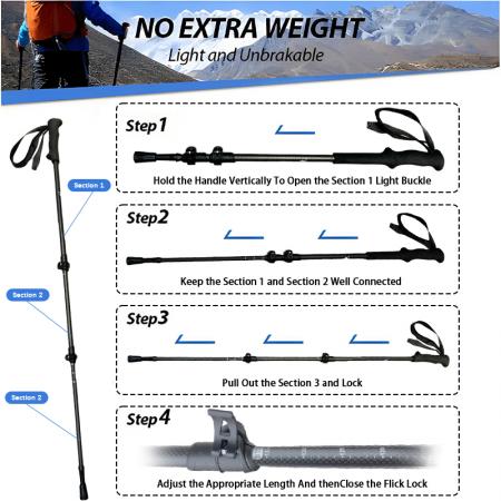Bastones de trekking ligeros de aluminio con puntas de acero de tungsteno, diseño plegable de 3 secciones, empuñadura recta de EVA, soportan hasta 150 kg. 