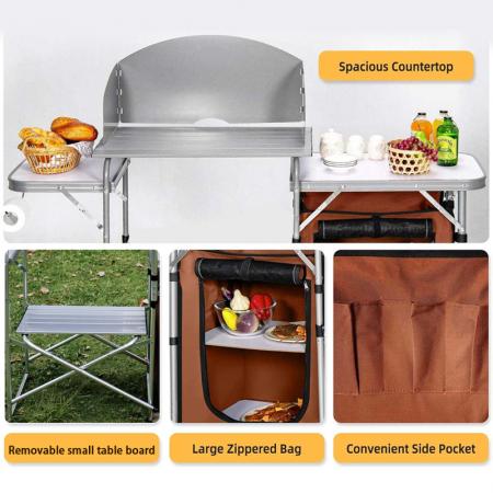 Mesa de cocina plegable multifuncional de aluminio para camping al aire libre con armario tipo bolsa Oxford. 