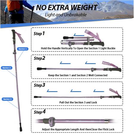 Bastones de trekking plegables, ligeros, ajustables y de fibra de carbono de 3 secciones con puntas de acero de tungsteno. 