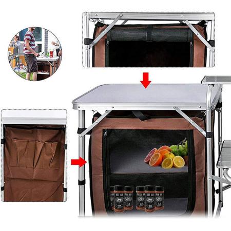 Mesa de cocina plegable multifuncional de aluminio para camping al aire libre con armario tipo bolsa Oxford. 