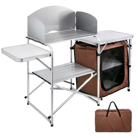 Mesa de cocina plegable multifuncional de aluminio para camping al aire libre con armario tipo bolsa Oxford. 