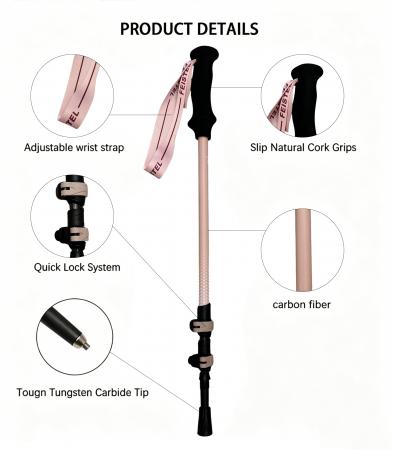 Bastón de trekking telescópico ultraligero de fibra de carbono 3k de 3 secciones, fabricado a medida. 
