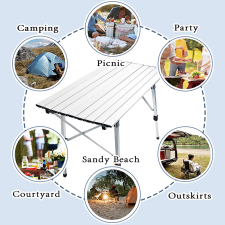Mesa de camping de aluminio portátil y ajustable para picnic y camping. Mesas plegables para exteriores.