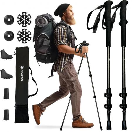Bastones de trekking ligeros de aluminio con puntas de acero de tungsteno, diseño plegable de 3 secciones, empuñadura recta de EVA, soportan hasta 150 kg. 