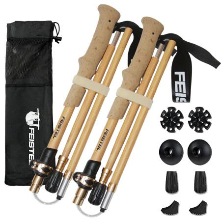 Bastones de senderismo y trekking ultraligeros plegables de fibra de carbono y aleación de aluminio con acabado de bambú para exteriores 