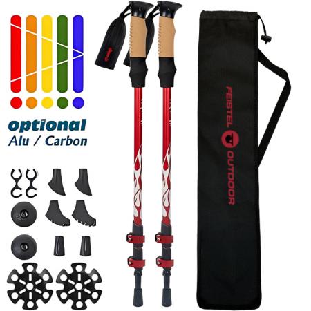 Bastones de trekking ligeros de aluminio de grado aeronáutico con empuñaduras extendidas y accesorios en la punta para actividades al aire libre. 