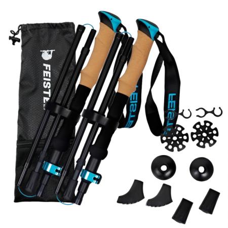 Bastones de trekking plegables con mango de corcho de aluminio, ajustables de 110 a 130 cm, ligeros, con cierre rápido y puntas antideslizantes. 