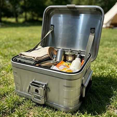 Caja rígida de almacenamiento de aluminio resistente para camping, impermeable, a prueba de polvo, caja de almacenamiento de metal con sellado 