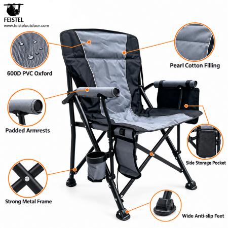 Silla de camping plegable acolchada de lujo: silla de exterior calefactable con respaldo alto, Oxford de PVC 600D, acolchado de algodón perlado, capacidad de 150 kg, calefacción de 5 V / 2 A 