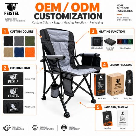 Silla de camping plegable acolchada de lujo: silla de exterior calefactable con respaldo alto, Oxford de PVC 600D, acolchado de algodón perlado, capacidad de 150 kg, calefacción de 5 V / 2 A 