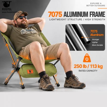 Silla de camping plegable verde: silla ligera de perfil bajo de 2,29 lb, estructura de aluminio 7075, Oxford 600D, capacidad de 250 lb 