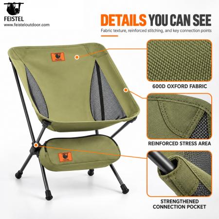 Silla de camping plegable verde: silla ligera de perfil bajo de 2,29 lb, estructura de aluminio 7075, Oxford 600D, capacidad de 250 lb 