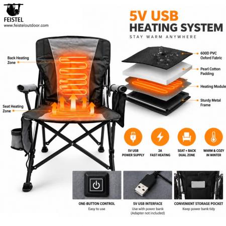 Silla de camping plegable acolchada de lujo: silla de exterior calefactable con respaldo alto, Oxford de PVC 600D, acolchado de algodón perlado, capacidad de 150 kg, calefacción de 5 V / 2 A 
