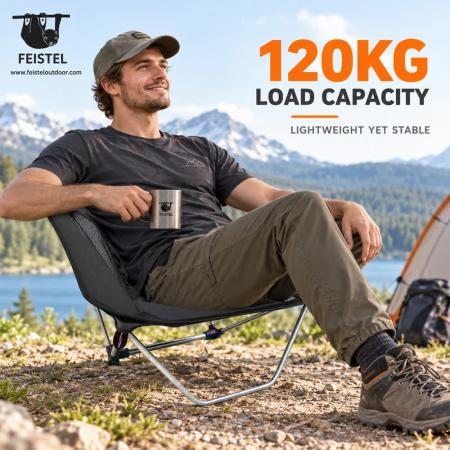 Silla de camping sin patas tradicionales: silla de mochilero ultraligera de perfil bajo de 850 g, estructura de aluminio 7075, Oxford 600D, capacidad de 120 kg 